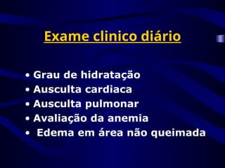 Exame clinico diário
• Grau de hidratação
• Ausculta cardiaca
• Ausculta pulmonar
• Avaliação da anemia
• Edema em área não queimada
 