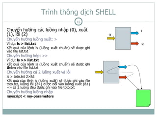 Trình thông dịch SHELL
                                            15

Chuyển hướng các luồng nhập (0), xuất                       1
(1), lỗi (2)                                            0
Chuyển hướng luồng xuất: >
Ví dụ: ls > list.txt                                        2
Kết quả của lệnh ls (luồng xuất chuẩn) sẽ được ghi
vào file list.txt
Chuyển hướng kép: >>
Ví dụ: ls >> list.txt
Kết quả của lệnh ls (luồng xuất chuẩn) sẽ được ghi
thêm vào file list.txt
Chuyển hướng cả 2 luồng xuất và lỗi
ls > toto.txt 2>&1
Kết quả của lệnh ls (luồng xuất) sẽ được ghi vào file
toto.txt, luồng lỗi (2>) được nối vào luồng xuất (&1)
=> cả 2 luồng đều được ghi vào file toto.txt
Chuyển hướng luồng nhập
myscript < my-parameters
 