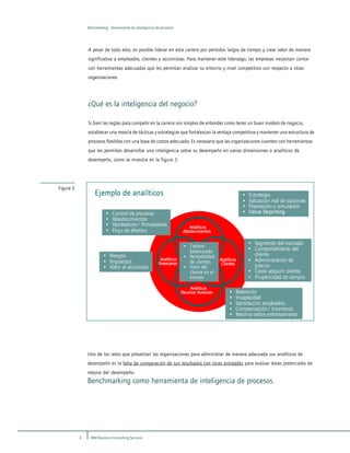 4 IBM Business Consulting Services
Benchmarkig: Herramienta de inteligencia de procesos
A pesar de todo esto, es posible liderar en esta carrera por períodos largos de tiempo y crear valor de manera
significativa a empleados, clientes y accionistas. Para mantener este liderazgo, las empresas necesitan contar
con herramientas adecuadas que les permitan analizar su entorno y nivel competitivo con respecto a otras
organizaciones.
¿Qué es la inteligencia del negocio?
Si bien las reglas para competir en la carrera son simples de entender como tener un buen modelo de negocio,
establecer una mezcla de tácticas y estrategias que fortalezcan la ventaja competitiva y mantener una estructura de
procesos flexibles con una base de costos adecuada. Es necesario que las organizaciones cuenten con herramientas
que les permitan desarrollar una inteligencia sobre su desempeño en varias dimensiones o analíticos de
desempeño, como se muestra en la figura 3.
Figura 3
Uno de los retos que presentan las organizaciones para administrar de manera adecuada sus analíticos de
desempeño es la falta de comparación de sus resultados con otras entidades para evaluar áreas potenciales de
mejora del desempeño.
Benchmarking como herramienta de inteligencia de procesos.
Ejemplo de analíticos
Analíticos
Financieros
Analíticos
Abastecimientos
Analíticos
Recursos Humanos
Analíticos
Clientes
• Estrategia
• Valuación real de opciones
• Planeación y simulación
• Value Reporting
• Segmento del mercado
• Comportamiento del
cliente
• Administración de
precios
• Costo adquirir cliente
• Propencidad de compra
• Retención
• Incapacidad
• Satisfacción empleados
• Compensación/ Incentivos
• Retorno sobre entrenamiento
• Riesgos
• Impuestos
• Valor al accionista
• Control de procesos
• Abastecimientos
• Vendedores/ Proveedores
• Flujo de efectivo
• Tablero
balanceado
• Rentabilidad
de clientes
• Valor del
cliente en el
tiempo
Ejemplo de analíticos
Analíticos
Financieros
Analíticos
Abastecimientos
Analíticos
Recursos Humanos
Analíticos
Clientes
Analíticos
Financieros
Analíticos
Financieros
Analíticos
Abastecimientos
Analíticos
Abastecimientos
Analíticos
Recursos Humanos
Analíticos
Recursos Humanos
Analíticos
Clientes
Analíticos
Clientes
• Estrategia
• Valuación real de opciones
• Planeación y simulación
• Value Reporting
• Segmento del mercado
• Comportamiento del
cliente
• Administración de
precios
• Costo adquirir cliente
• Propencidad de compra
• Retención
• Incapacidad
• Satisfacción empleados
• Compensación/ Incentivos
• Retorno sobre entrenamiento
• Riesgos
• Impuestos
• Valor al accionista
• Control de procesos
• Abastecimientos
• Vendedores/ Proveedores
• Flujo de efectivo
• Tablero
balanceado
• Rentabilidad
de clientes
• Valor del
cliente en el
tiempo
 