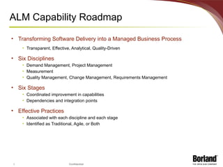 ALM Capability Roadmap Transforming Software Delivery into a Managed Business Process Transparent, Effective, Analytical, Quality-Driven Six Disciplines Demand Management, Project Management Measurement Quality Management, Change Management, Requirements Management  Six Stages Coordinated improvement in capabilities Dependencies and integration points Effective Practices Associated with each discipline and each stage Identified as Traditional, Agile, or Both 