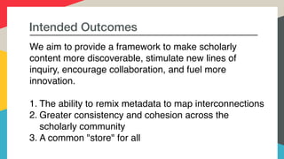 Intended Outcomes
We aim to provide a framework to make scholarly
content more discoverable, stimulate new lines of
inquiry, encourage collaboration, and fuel more
innovation.
1. The ability to remix metadata to map interconnections
2. Greater consistency and cohesion across the
scholarly community
3. A common "store" for all
 