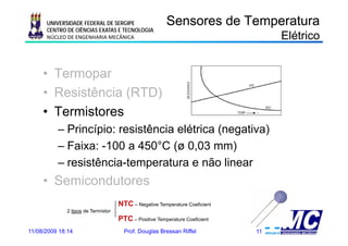 UNIVERSIDADE FEDERAL DE SERGIPE                  Sensores de Temperatura
      CENTRO DE CIÊNCIAS EXATAS E TECNOLOGIA
      NÚCLEO DE ENGENHARIA MECÂNICA                                              Elétrico


     • Termopar
     • Resistência (RTD)
     • Termistores
          – Princípio: resistência elétrica (negativa)
          – Faixa: -100 a 450°C (ø 0,03 mm)
                                  ( ,          )
          – resistência-temperatura e não linear
     • Semicondutores
                                    NTC – Negative Temperature Coeficient
                                            g         p
             2 tipos de Termístor
                                    PTC – Positive Temperature Coeficient
11/08/2009 18:14                      Prof. Douglas Bressan Riffel          11
 