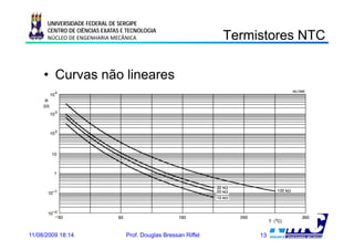 UNIVERSIDADE FEDERAL DE SERGIPE
      CENTRO DE CIÊNCIAS EXATAS E TECNOLOGIA
      NÚCLEO DE ENGENHARIA MECÂNICA                             Termistores NTC
                                                                 e s o es     C

     • Curvas não lineares




11/08/2009 18:14                 Prof. Douglas Bressan Riffel        13
 