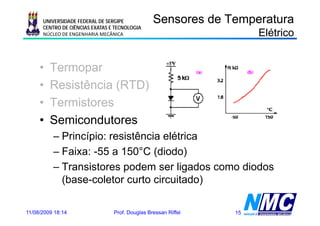 UNIVERSIDADE FEDERAL DE SERGIPE            Sensores de Temperatura
      CENTRO DE CIÊNCIAS EXATAS E TECNOLOGIA
      NÚCLEO DE ENGENHARIA MECÂNICA                                  Elétrico


     •   Termopar
     •   Resistência (RTD)
     •   Termistores
     •   Semicondutores
          – Princípio: resistência elétrica
          – Faixa: -55 a 150°C (diodo)
          –TTransistores podem ser li d como di d
                  i t        d        ligados diodos
            (base-coletor curto circuitado)

11/08/2009 18:14                 Prof. Douglas Bressan Riffel   15
 