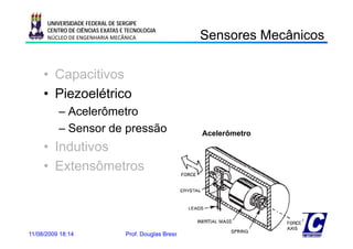 UNIVERSIDADE FEDERAL DE SERGIPE
      CENTRO DE CIÊNCIAS EXATAS E TECNOLOGIA
      NÚCLEO DE ENGENHARIA MECÂNICA                             Sensores Mecânicos
                                                                Se so es ecâ cos

     • Capacitivos
     • Piezoelétrico
          – Acelerômetro
          –SSensor de pressão
                   d       ã                                    Acelerômetro

     • Indutivos
     • Extensômetros



11/08/2009 18:14                 Prof. Douglas Bressan Riffel                  20
 