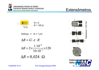 UNIVERSIDADE FEDERAL DE SERGIPE
      CENTRO DE CIÊNCIAS EXATAS E TECNOLOGIA
      NÚCLEO DE ENGENHARIA MECÂNICA                             Extensômetros
                                                                   e sô e os




                                                                                 essura ~ 0,5 mm
                               G=2
                               R = 120 Ω




                                                                                          0
                    10 mm



                   Esforço -> dl = 1 μm
                        ç            μ




                                                                              Espe
                   ΔR = G ⋅ ε ⋅ R
                                       −6
                            1.10
                   ΔR = 2 ×       −3
                                     ×120
                            10.10
                            10 10
                   ΔR = 0, 024 Ω
                                                                 Extensómetros de
                                                                 folha (metálica)
11/08/2009 18:14                 Prof. Douglas Bressan Riffel      33
 