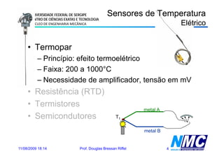 UNIVERSIDADE FEDERAL DE SERGIPE            Sensores de Temperatura
      CENTRO DE CIÊNCIAS EXATAS E TECNOLOGIA
      NÚCLEO DE ENGENHARIA MECÂNICA                                           Elétrico


     • Termopar
          – Princípio: efeito termoelétrico
                  p
          – Faixa: 200 a 1000°C
          – Necessidade de amplificador tensão em mV
                               amplificador,
     • Resistência (RTD)
     • Termistores
                                                                metal A
     • Semicondutores                                 T1

                                                                metal B


11/08/2009 18:14                 Prof. Douglas Bressan Riffel             4
 