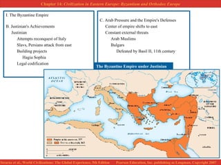 I. The Byzantine Empire B. Justinian's Achievements Justinian  Attempts reconquest of Italy Slavs, Persians attack from east Building projects Hagia Sophia Legal codification C. Arab Pressure and the Empire's Defenses Center of empire shifts to east Constant external threats Arab Muslims Bulgars Defeated by Basil II, 11th century The Byzantine Empire under Justinian 