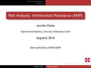 Antimicrobial Resistance
Challenges
Risk Analysis: Antimicrobial Resistance (AMR)
Jennifer Clarke
Department of Statistics, University of Nebraska-Lincoln
August 6, 2019
Opening Workshop, SAMSI GDRR
Jennifer Clarke Risk and AMR
 