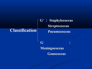 Classification
G+
： Staphylococcus
Streptococcus
Pneumococcus
G-
：
Meningococcus
Gonococcus
 