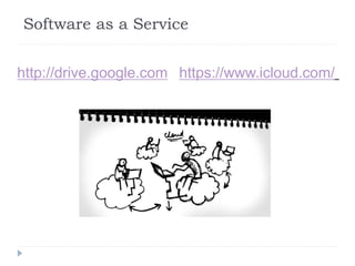 Software as a Service
http://drive.google.com https://www.icloud.com/
 