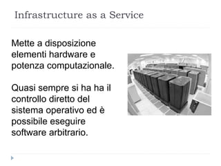 Infrastructure as a Service
Mette a disposizione
elementi hardware e
potenza computazionale.
Quasi sempre si ha ha il
controllo diretto del
sistema operativo ed è
possibile eseguire
software arbitrario.
 