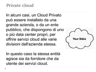 Private cloud
In alcuni casi, un Cloud Privato
può essere installato da una
grande azienda, o da un ente
pubblico, che dispongono di uno
o più data center propri, per
offrire servizi cloud alle varie
divisioni dell'azienda stessa.
In questo caso la stessa entità
agisce sia da fornitore che da
utente dei servizi cloud.
 