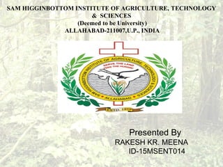 Presented By
RAKESH KR. MEENA
ID-15MSENT014
SAM HIGGINBOTTOM INSTITUTE OF AGRICULTURE, TECHNOLOGY
& SCIENCES
(Deemed to be University)
ALLAHABAD-211007,U.P., INDIA
 