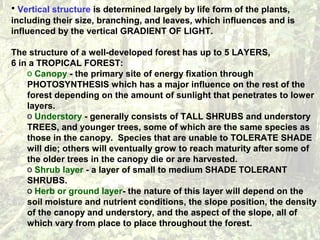 • Vertical structure is determined largely by life form of the plants,
including their size, branching, and leaves, which influences and is
influenced by the vertical GRADIENT OF LIGHT.
The structure of a well-developed forest has up to 5 LAYERS,
6 in a TROPICAL FOREST:
o Canopy - the primary site of energy fixation through
PHOTOSYNTHESIS which has a major influence on the rest of the
forest depending on the amount of sunlight that penetrates to lower
layers.
o Understory - generally consists of TALL SHRUBS and understory
TREES, and younger trees, some of which are the same species as
those in the canopy. Species that are unable to TOLERATE SHADE
will die; others will eventually grow to reach maturity after some of
the older trees in the canopy die or are harvested.
o Shrub layer - a layer of small to medium SHADE TOLERANT
SHRUBS.
o Herb or ground layer- the nature of this layer will depend on the
soil moisture and nutrient conditions, the slope position, the density
of the canopy and understory, and the aspect of the slope, all of
which vary from place to place throughout the forest.
 
