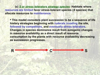(c) S or stress tolerators strategy species- Habitats where
resources are limited favor stress-tolerant species (S species) that
allocate resources to maintenance.
 This model considers plant succession to be a sequence of life
history strategies beginning with ruderals invading the site,
followed by competitors, and eventually stress tolerators.
Changes in species dominance result from autogenic changes
in resource availability as a direct result of resource
consumption by the plants with resource availability decreasing
as succession progresses.
R C S
 