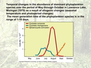 Temporal changes in the abundance of dominant phytoplankton
species over the period of May through October in Lawrence Lake,
Michigan (1979) as a result of allogenic changes (seasonal
temperature and photoperiod changes)
The mean generation time of the phytoplankton species is in the
range of 1-10 days.
 