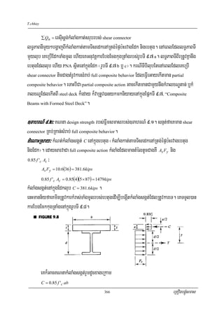 T.chhay


               ersIiusþg;kMlaMgkat;srubrbs; shear connector
          ∑ Qn =

lT§PaBnImYy²bgðajBIkMlaMgkat;tamTisedkenARtg;épÞb:HrvagEdk nigebtug. enAeBlEdllT§PaBTI
mYylub eKeRbIEdkTaMgmUl ehIyeKGnuvtþkarEbgEcgkugRtaMgrbs;rUbTI 9>7 a. lT§PaBTIBIrRtUvKñanwg
ebtugEdllub ehIy PNA sßitenAkñúgEdk ¬rUbTI 9>7 b b¤ c¦. krNITIbIlubEtenAeBlEdleKeRbI
shear connector ticCagtMrUvkarsMrab; full composite behavior EdleFVIeGayekItman partial

composite behavior. eTaHbICa partial composite action GacekItmanCamYynwgkMralxNÐtan; b¤kM

ralxNÐEdlekItBI steel deck k¾eday k¾vaRtUv)anykmkniyayenAkñúgEpñkTI 9>7/ “Composite
Beams with Formed Steel Deck”.



]TahrN_ 9>2³ KNna design strength rbs;Fñwmsmasrbs;]TahrN_ 9>1. snμt;faeKman shear
connector  RKb;RKan;sMrab; full composite behavior.
dMeNaHRsay³ kMNt;kMlaMgsgát; C enAkñúgebtug ¬kMlaMgkat;tamTisedkenARtg;épÞb:Hrvagebtug
nigEdk¦. edaysarvaCa full composite action kMlaMgEdlmantMéltUcCagKW As Fy nig
0.85 f 'c Ac ³

          As Fy = 10.6(36 ) = 381.6kips

          0.85 f 'c Ac = 0.85(4)(5 × 87 ) = 1479kips
kMlaMgsgát;enAkñúgEdklub C = 381.6kips .
enHmann½yfaeKminRtUvkarkMras;TaMgmUlrbs;ebtugedIm,IbegáItkMlaMgsgát;EdlRtUvkareT. eKTTYl)an
karEbgEckkugRtaMgenAkñúgrUbTI 9>8.




          eKk¾GacKNnakMlaMgsgát;rYmdUcxageRkam
          C = 0.85 f 'c ab
                                               366                            eRKOgbgÁúMsmas
 