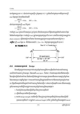 T.chhay


ykcMnYnGb,brma 41 sMrab;Bak;kNþalFñwm b¤cMnYnsrub 82 . RbsinebIenARtg;muxkat;nImYy²eKeRbI
stud cMnYnmYy KMlatEdlcaM)ac;KW
             30(12)
         s=
               82
                     = 4.4in.   yk s = 4in.
sMrab;muxkat;mYyeRbI stud BIrRKab;
             30(12)
         s=
             82 / 2
                     = 8.8in.   yk s = 8.5in.
kartMerob stud mYyNak¾manlkçN³RKb;RKan; ehIyKMlatmYyNak¾sßitenAcenøaHEdnkMNt;TabbMput
nigEdnkMNt;x<s;bMput. kartMerob stud RtUv)anbgðajenAkñúgrUbTI 9>11. eTaHbICakartMerobenHRtUvkar
shear connector eRcInCagtMrUvkark¾eday EteKgayRsYlkñúgkarTTYl)anKMlattamtMrUvkar.

cemøIy³ eRbI stud cMnYn 86 edImEdlmanTMhM 1/ 2in.× 2in. tMerobdUcbgðajkñúgrUbTI 9>11.




9>5> karKNnamuxkat; Design
          CMhandMbUgkñúgkarKNnamuxkat;rbs;RbB½n§kMralxNÐKWCakareRCIserIskMras;rbs;kMralxNÐ
eTaHbIvaCakMraltan; b¤kMralrnUt ¬Edl)anBI steel deck¦ k¾eday. kMras;CaGnuKmn_eTAnwgKMlatFñwm
nigbnSMCaeRcInénkMras;kMral nigKMlatFñwmEdlRtUvkarkarGegát dUcenHeKnwgGacrk)annUvRbB½n§kMral
EdlmanlkçN³esdækic©bMput. karKNnakMralxNÐminRtUv)anelIkykmkniyayenAkñúgesovePAenH
eT b:uEnþeyIgsnμt;faeyIgsÁal;kMras;kMralxNÐ nigKMlatFñwm. edaykareFVIsnμt;EbbenH eyIgGacGnuvtþ
nUvCMhanxageRkamedIm,IbMeBjnUvkarKNnaRbB½n§kMralxNÐEdlKμanCnÞl;.
          !> kMNt;m:Um:g;emKuNEdleFVIGMeBImun nigeRkayebtugrwgmaM
          @> eRCIserIsmuxkat;EdkFñwmsakl,g
          #> KNna design strength rbs;EdkFñwm nwgeRbobeFobvaCamYynwgm:Um:g;emKuNEdleFVIGMeBI
             muneBlebtugrwgmaM. eKRtUvyk unbraced length mkKit RbsinebIBum<min)anpþl;Ca lateral
                                           375                                   eRKOgbgÁúMsmas
 