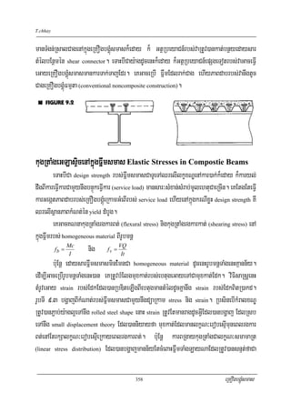 T.chhay


manTMgn;RsalCagenAkñúgeRKOgbgÁúMsmask¾eday k¾ GtßRbeyaCn_rbs;vaRtUv)ankat;bnßyedaysar
tMélbEnßmén shear connector. eTaHbICay:agdUcenHk¾eday k¾GtßRbeyaCn_epSgeTotrbs;vaGaceFVI
eGayeRKOgbgÁúMsmasmankarTak;TajEdr. eKGaceRbI FñwmEdlrak;Cag ehIyPaBdabrbs;vanwgtUc
CageRKOgbgÁúMFmμta (conventional noncomposite construction).




kugRtaMgeGLasÞicenAkñúgFñwmsmas Elastic Stresses in Compostie Beams
         eTaHbICa design strength rbs;FñwmsmasCaTUeTAQrelIlkçxNÐenAkar)ak;k¾eday k¾karyl;
dwgBIkareFVIkarCamYynwgbnÞúkeFVIkar (service load) mansar³sMxan;sMrab;mUlehtuCaeRcIn. eKEtgEteFVI
karGegátPaBdabrbs;eRKOgbgÁúMeRkamGMeBIrbs; service load ehIyenAkñúgkrNIxøH design strength KW
QrelIsßanPaBkMNt;én yield dMbUg.
         eKGacKNnakugRtaMgrgkarBt; (flexural stress) nigkugRtaMgrgkarkat; (shearing stress) enA
kñúgFñwmrbs; homogeneous material BIrUbmnþ
          fb =
                 Mc
                  I
                         nig f v = VQ   It
         b:uEnþ edaysarFñwmsmasminEMmnCa homogeneous material dUcenHrUbmnþTaMgenHKμann½y.
edIm,IGaceRbIrUbmnþTaMgenH)an eKRtUvbMElgmuxkat;rbs;ebtugeGayeTACamuxkat;Edk. viFisaRsþenH
tMrUveGay strain rbs;EdkEdl)anRbDiteLIgBIebtugmantMéldUcKñanwg strain rbs;EdkBitR)akd.
rUbTI 9>3 bgðajBIkMNat;rbs;FñwmsmasCamYynwgdüaRkam stress nig strain. RbsinebIkMralxNÐ
RtUv)anP¢ab;y:agl¥eTAnwg rolled steel shape enaH strain RtUvEtmanragdUcGVIEdl)anbgðaj EdlRsb
eTAnwg small displacement theory Edl)anniyayfa muxkat;EdlmanlkçN³erobesμImuneBlrgkar
Bt;enAEtrkSalkçN³erobesμIeRkayeBlrgkarBt;. b:uEnþ karBRgaykugRtaMgCalkçN³smamaRt
(linear stress distribution) Edl)anbgðajmann½yEtcMeBaHFñwmTaMgLayNaEdlRtUv)ansnμt;faCa




                                            358                                    eRKOgbgÁúMsmas
 