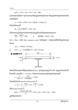 T.chhay


          φb M p = 119 ft − kips > 107 ft − kips (OK)

eRkayeBlebtugrwgmaM bnÞúkemKuNsrubEdlRtUvRTedayFñwmsmas EdlRtUv)anEksMrYledaysarTMgn;
rbs;EdkFñwmKW
          wu = 1.2(0.5 + 0.026 + 0.1) + 1.6(0.4) = 1.391kips / ft
ehIym:Um:g;emKuNKW
          Mu =
                 1
                   (1.391)(30)2 = 156 ft − kips
                 8
TTwgkMralxNÐRbsiT§PaBrbs;muxkat;smasRtUvEtmantMéltUcCageKkñúgcMeNam
        span 30(12)
          4
            =
                4
                      = 90in.      b¤ KMlatFñwm = 10(12) = 120in.
yk b = 90in. . sMrab; fully composite action kMlaMgsgát; C enAkñúgebtugKWCatMéltUcCageKkñúg
cMeNam
          As Fy = 7.68(36 ) = 276.5kips

b¤        0.85 f 'c Ac = 0.85(3)[90(4.75 − 1.5)] = 745.9kips




EdleKKitEtebtugenAelIEpñkx<s;bMputrbs; deck ¬dUcbgðajenAkñúgrUbTI 9>19¦ b:ueNÑaHsMrab;smIkarTI
BIrxagelI. CamYynwg C = 276.5kips kMBs;rbs;karBRgaykugRtaMgsgát;enAkñúgebtugKW
                  C           276.5
          a=              =            = 1.205in.
               0.85 f 'c b 0.85(3)(90)
édXñas;m:Um:g;rbs; internal resisting couple KW
               d     a 15.69          1.209
          y=     +t − =      + 4.75 −       = 11.99in.
               2     2   2              2
ehIy design strength KW
                     0.85(276.5)(11.99)
          φb M n =                      = 235 ft − kips > 156 ft − kips   (OK)
                            12
RtYtBinitükMlaMgkat;
                                                  389                            eRKOgbgÁúMsmas
 