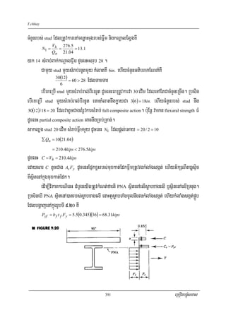 T.chhay


cMnYnrbs; stud EdlRtUvkarenAcenøaHcugrbs;Fñwm nigkNþalElVgKW
              V    276.5
          N1 = h =       = 13.1
              Qn 21.04
yk 14 sMrab;Bak;kNþalFñwm dUcenHsrub 28 .
        CamYy stud mYysMrab;rnUtmYy KMlatKW 6in. ehIycMnYnGtibrmaENnaMKW
                 30(12)
                        = 60 > 28 EdlTamTar
                    6
        ebIeKeRbI stud mYysMrab;ral;BIrrnUt dUcenHeKRtUvkarva 30 edIm EdlenAEtCacMnYneRcIn. Rbsin
ebIeKeRbI stud mYysMrab;ral;bIrnUt enaHKMlatnwgkøayCa 3(6) = 18in. ehIycMnYnrbs; stud nwg
30(12) / 18 = 20 EdlvatUcCagtMrUvkarsMrab; full composite action. b:uEnþ vaman flexural strength FM

dUcenH partial composite action GacnwgRKb;RKan;.
sakl,g stud 20 edIm sMrab;FñwmmYy dUcenH N1 Edlpþl;eGay = 20 / 2 = 10
          ∑ Qn = 10(21.04)

                = 210.4kips < 276.5kips
dUcenH C = Vh = 210.4kips
edaysar C tUcCag As Fy dUcenHEpñkxøHrbs;muxkat;EdkFñwmRtUvrgkMlaMgsgát; ehIyG½kSNWt)aøsÞic
KWsßitenAkñúgmuxkat;Edk.
        edIm,IviPaKkrNIenH dMbUgeyIgRtUvkMNt;faetI PNA sßitenAelIsøabxagelI b¤sßitenAelIRTnug.
RbsinebI PNA sßitenA)atrbs;søabxagelI enaHtYsøabTaMgmUlnwgrgkMlaMgsgát; ehIykMlaMgsgát;pÁÜb
EdlbgðajenAkñúgrUbTI 9>20 KW
          Pyf = b f t f F y = 5.5(0.345)(36 ) = 68.31kips




                                                391                                 eRKOgbgÁúMsmas
 
