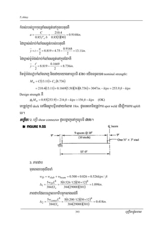 T.chhay


kMBs;rbs;bøúkkugRtaMgsgát;enAkñúgebtugKW
                  C           210.4
          a=              =            = 0.9168in.
               0.85 f 'c b 0.85(3)(90)
édXñas;sMrab;kMlaMgsgát;rbs;ebtugKW
                  a                  0.9168
          y+t −     = 8.819 + 4.75 −        = 13.11in.
                  2                     2
édXñas;m:Um:g;sMrab;kMlaMgsgát;enAkñúgEdkKW
               t'           0.1669
          y−      = 8.819 −        = 8.736in.
               2               2
Kitm:Um:g;eFobkMlaMgTaj nigedayeyagtamrUbTI 9>20 eyIgTTYl)an nominal strength³
          M n = C (13.11) + C s (8.736)

               = 210.4(13.11) + 0.1669(5.50)(36 )(8.736 ) = 3047in. − kips = 253.9 ft − kips
Design strength    KW
          φb M n = 0.85(253.9) = 216 ft − kips > 156 ft − kips   (OK)
eKRtUvP¢ab; deck eTAnwgsøabFñwmedayKMlat 18in. dUcenHeKminRtUvkar spot weld edIm,IkarBar uplift
eT.
cemøIy³ @> eRbI shear connector dUcbgðajenAkñúgrUbTI 922.




          #> PaBdab
          muneBlebtugrwgmaM
                  wD = wslab + wbeam = 0.500 + 0.026 = 0.526kips / ft
                         5wD L4 5(0.526 / 12)(30 × 12 )4
                  Δ1 =            =                      = 1.098in.
                         384 EI s   384(29000 )(301)
          PaBdabEdlbNþalmkBIbnÞúksagsg;KW
                         5wconst L4 5(0.200 / 12)(30 × 12 )4
                  Δ2 =             =                         = 0.418in.
                          384 EI s    384(29000 )(301)

                                                393                                    eRKOgbgÁúMsmas
 