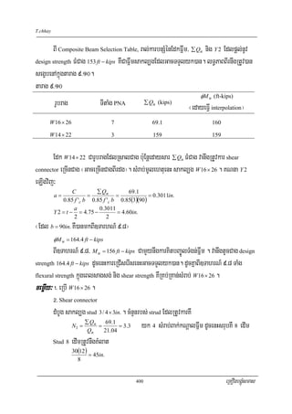 T.chhay


       BI Composite Beam Selection Table, ral;karbnSMénEdkFñwm/ ∑ Qn nig Y 2 Edlpþl;nUv
design strength FMCag 153 ft − kips KWCaFñwmsakl,gEdlGacTTYlyk)an. lT§PaBBIrnwgRtUv)an

segçbenAkñúgtarag 9>10.
tarag 9>10
                                                                      φM n (ft-kips)
          rUbrag              TItaMg PNA           ∑ Qn (kips)
                                                                 ¬edayeFVI interpolation¦
      W 16 × 26                     7                 69.1                 160

      W 14 × 22                     3                 159                  159


       Edk W 14 × 22 CarUbragEdlRsalCag b:uEnþedaysar ∑ Qn FMCag vanwgRtUvkar shear
connector eRcInCag ¬GaceRcInCagBIrdg¦. sMrab;mUlehtuenH sakl,g W 16 × 26 . KNna Y 2

eLIgvij³
                   C        ∑ Qn          69.1
          a=             =           =             = 0.3011in.
              0.85 f 'c b 0.85 f 'c b 0.85(3)(90 )
                    a        0.3011
          Y 2 = t − = 4.75 −         = 4.60in.
                    2            2
¬Edl b = 90in. KW)anmkBI]TarhN_ 9>8¦
          φM n = 164.4 ft − kips
        BI]TahrN_ 9>8/ M u = 156 ft − kips CamYynwgkarKitbBa©ÚlTMgn;Fñwm . vanwgtUcCag design
strength 164.4 ft − kips dUcenHkareRCIserIsenHGacTTYlyk)an. dUcKñaBI]TahrN_ 9>8 TaMg

flexural strength kñúgeBlsagsg; nig shear strength KWRKb;RKan;sMrab; W 16 × 26 .

cemøIy³ !> eRbI W 16 × 26 .
        @> Shear connector
        dMbUg sakl,g stud 3 / 4 × 3in. . cMnYnrbs; strud EdlRtUvkarKW
                       ∑ Qn
                 N1 =
                        Qn
                            =
                               69.1
                              21.04
                                     = 3 .3     yk 4 sMrab;Bak;kNþalFñwm dUcenHsrubKW 8 edIm
        Stud 8 edImRtUvnwgKMlat
                   30(12)
                          = 45in.
                     8


                                             400                                 eRKOgbgÁúMsmas
 