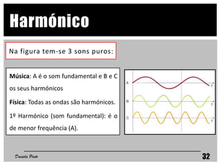 Na figura tem-se 3 sons puros:
Daniela Pinto 32
Harmónico
Música: A é o som fundamental e B e C
os seus harmónicos
Física: Todas as ondas são harmónicos.
1º Harmónico (som fundamental): é o
de menor frequência (A).
 