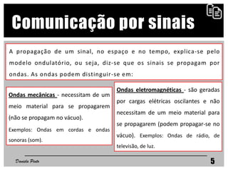 A propagação de um sinal, no espaço e no tempo, explica-se pelo
modelo ondulatório, ou seja, diz-se que os sinais se propagam por
ondas. As ondas podem distinguir-se em:
Daniela Pinto 5
Comunicação por sinais
Ondas mecânicas - necessitam de um
meio material para se propagarem
(não se propagam no vácuo).
Exemplos: Ondas em cordas e ondas
sonoras (som).
Ondas eletromagnéticas - são geradas
por cargas elétricas oscilantes e não
necessitam de um meio material para
se propagarem (podem propagar-se no
vácuo). Exemplos: Ondas de rádio, de
televisão, de luz.
 