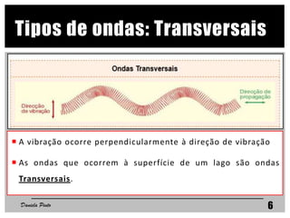 Tipos de ondas: Transversais
 A vibração ocorre perpendicularmente à direção de vibração
 As ondas que ocorrem à superfície de um lago são ondas
Transversais.
Daniela Pinto 6
 