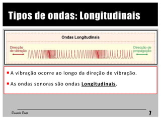Tipos de ondas: Longitudinais
 A vibração ocorre ao longo da direção de vibração.
 As ondas sonoras são ondas Longitudinais.
Daniela Pinto 7
 