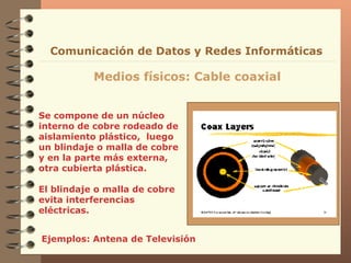 Se compone de un núcleo interno de cobre rodeado de aislamiento plástico,  luego un blindaje o malla de cobre y en la parte más externa, otra cubierta plástica. El blindaje o malla de cobre evita interferencias eléctricas. Ejemplos: Antena de Televisión Medios físicos: Cable coaxial Comunicación de Datos y Redes Informáticas 