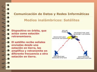 Dispositivo en órbita, que actúa como estación retransmisora. El satélite recibe señales enviadas desde una estación en tierra, las amplifica y retransmite en diferente frecuencia a otra estación en tierra. Medios inalámbricos: Satélites Comunicación de Datos y Redes Informáticas 