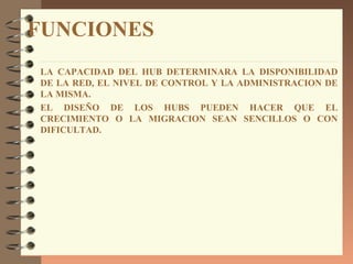 FUNCIONES
LA CAPACIDAD DEL HUB DETERMINARA LA DISPONIBILIDAD
DE LA RED, EL NIVEL DE CONTROL Y LA ADMINISTRACION DE
LA MISMA.
EL DISEÑO DE LOS HUBS PUEDEN HACER QUE EL
CRECIMIENTO O LA MIGRACION SEAN SENCILLOS O CON
DIFICULTAD.
 