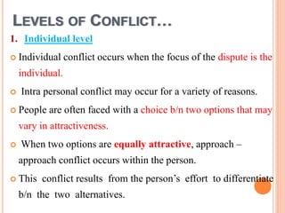 LEVELS OF CONFLICT…
1. Individual level
 Individual conflict occurs when the focus of the dispute is the
individual.
 Intra personal conflict may occur for a variety of reasons.
 People are often faced with a choice b/n two options that may
vary in attractiveness.
 When two options are equally attractive, approach –
approach conflict occurs within the person.
 This conflict results from the person’s effort to differentiate
b/n the two alternatives.
 