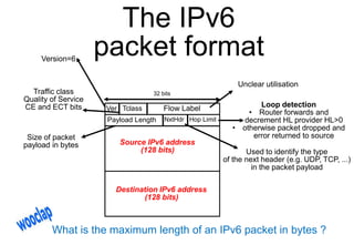 The IPv6
packet format
32 bits
Ver Tclass Flow Label
NxtHdr Hop Limit
Source IPv6 address
(128 bits)
Payload Length
Destin...