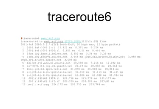 traceroute6
#traceroute6 www.ietf.org
traceroute6 to www.ietf.org (2001:1890:1112:1::20) from
2001:6a8:3080:2:217:f2ff:fed...