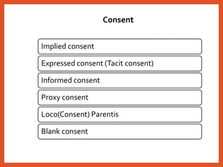 Consent
Implied consent
Expressed consent (Tacit consent)
Informed consent
Proxy consent
Loco(Consent) Parentis
Blank consent
 