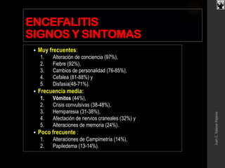 ENCEFALITIS
SIGNOS Y SINTOMAS
 Muy frecuentes:
1. Alteración de conciencia (97%),
2. Fiebre (92%),
3. Cambios de personalidad (76-85%),
4. Cefalea (81-88%) y
5. Disfasia(48-71%).
 Frecuencia media:
1. Vómitos (44%),
2. Crisis convulsivas (38-48%),
3. Hemiparesia (31-38%),
4. Afectación de nervios craneales (32%) y
5. Alteraciones de memoria (24%).
 Poco frecuente :
1. Alteraciones de Campimetría (14%),
2. Papiledema (13-14%).
JuanC.SalazarPajares
 