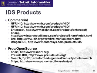3/2/2010JaringanKomputer27Intrusion Detection System (2)Penggunaan akses ilegal dapat diketahui dengan metode:misuse detection, dengan mencari “signatures” yang sudah dikenalianomali detection, dengan mengamati perilaku yang tidak wajar oleh user atau aktifitas aplikasi