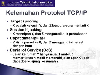 Upaya yang dapat dilakukan adalah membuat hacker atau cracker kesulitan dalam mengganggu sistemSistem keamanan jaringan adalah suatuperlindungan data selama transmisi dilakukanUntuk menjamin keaslian data yang ditransmisikan, dan memelihara kerahasiaan, integritas, dan ketersediaandata.3/2/2010Jaringan Komputer3Sistem Keamanan Jaringan