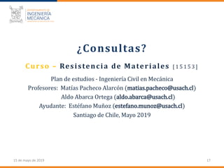 15 de mayo de 2019
Curso – Resistencia de Materiales [ 1 5 1 5 3 ]
Santiago de Chile, Mayo 2019
17
¿Consultas?
Plan de est...