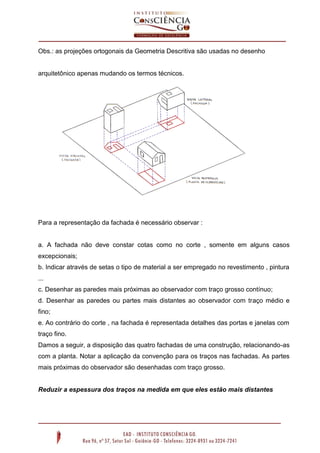 Obs.: as projeções ortogonais da Geometria Descritiva são usadas no desenho

arquitetônico apenas mudando os termos técnicos.

Para a representação da fachada é necessário observar :

a. A fachada não deve constar cotas como no corte , somente em alguns casos
excepcionais;
b. Indicar através de setas o tipo de material a ser empregado no revestimento , pintura
...
c. Desenhar as paredes mais próximas ao observador com traço grosso contínuo;
d. Desenhar as paredes ou partes mais distantes ao observador com traço médio e
fino;
e. Ao contrário do corte , na fachada é representada detalhes das portas e janelas com
traço fino.
Damos a seguir, a disposição das quatro fachadas de uma construção, relacionando-as
com a planta. Notar a aplicação da convenção para os traços nas fachadas. As partes
mais próximas do observador são desenhadas com traço grosso.

Reduzir a espessura dos traços na medida em que eles estão mais distantes

 