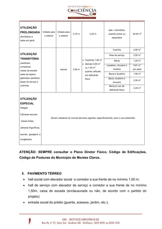 UTILIZAÇÃO
PROLONGADA Voltada para Voltada para
dormitórios e

o exterior

o exterior

sala + dormitório,
2,70 m

2,00 m

quando juntos ou

20,00 m2

separados

salas em geral

Cozinha

4,00 m2

Área de serviço

2,50 m2

Bacia

1,20 m2

Lavatório, chuveiro e

0,81 m2

mictório

por peça

Bacia e lavatório

1,50 m2

UTILIZAÇÃO
TRANSITÓRIA

 Cozinhas 1,60 m2

vestíbulos

 Demais 0,90 m

corredores
caixas de escada

natural

2,50 m

2

ou 1,40 m2
quando utilizado

salas de espera

por deficiente

gabinetes sanitários

físico

áreas de serviço e

Bacia, lavatório e
chuveiro

cozinhas

Bacia p/ uso de
deficiente físico

2,00 m2
2,24 m2

UTILIZAÇÃO
ESPECIAL
Adegas
Câmaras escuras
Devem obedecer às normas técnicas vigentes, especificamente, para o uso pretendido
Caixas fortes
câmaras frigoríficas,
saunas, garagens e
congêneres.

ATENÇÃO: SEMPRE consultar o Plano Diretor Físico, Código de Edificações,
Código de Posturas do Município de Montes Claros.

5. PAVIMENTO TÉRREO


hall social com elevador social e corredor a sua frente de no mínimo 1,50 m;



hall de serviço com elevador de serviço e corredor a sua frente de no mínimo
1,50m, caixa de escada (enclausurada ou não, de acordo com o partido do
projeto);



entrada social do prédio (guarita, acessos, jardim, etc.);

 
