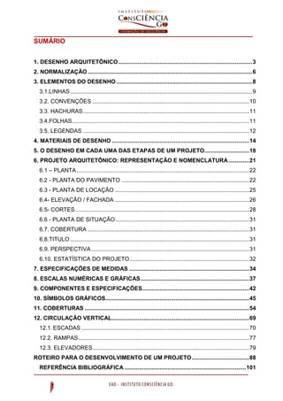 SUMÁRIO
1. DESENHO ARQUITETÔNICO....................................................................................3
2. NORMALIZAÇÃO .......................................................................................................6
3. ELEMENTOS DO DESENHO .....................................................................................8
3.1.LINHAS..................................................................................................................9
3.2. CONVENÇÕES ..................................................................................................10
3.3. HACHURAS........................................................................................................11
3.4.FOLHAS...............................................................................................................11
3.5. LEGENDAS ........................................................................................................12
4. MATERIAIS DE DESENHO ......................................................................................14
5. O DESENHO EM CADA UMA DAS ETAPAS DE UM PROJETO............................18
6. PROJETO ARQUITETÔNICO: REPRESENTAÇÃO E NOMENCLATURA.............21
6.1 – PLANTA............................................................................................................22
6.2 - PLANTA DO PAVIMENTO ................................................................................22
6.3 - PLANTA DE LOCAÇÂO ....................................................................................25
6.4- ELEVAÇÃO / FACHADA ....................................................................................26
6.5- CORTES.............................................................................................................28
6.6 - PLANTA DE SITUAÇÃO....................................................................................31
6.7. COBERTURA .....................................................................................................31
6.8.TITULO ................................................................................................................31
6.9. PERSPECTIVA...................................................................................................31
6.10. ESTATÍSTICA DO PROJETO...........................................................................32
7. ESPECIFICAÇÕES DE MEDIDAS ...........................................................................34
8. ESCALAS NUMÉRICAS E GRÁFICAS....................................................................37
9. COMPONENTES E ESPECIFICAÇÕES...................................................................42
10. SÍMBOLOS GRÁFICOS..........................................................................................45
11. COBERTURAS .......................................................................................................54
12. CIRCULAÇÃO VERTICAL......................................................................................69
12.1. ESCADAS .........................................................................................................70
12.2. RAMPAS...........................................................................................................77
12.3. ELEVADORES..................................................................................................79
ROTEIRO PARA O DESENVOLVIMENTO DE UM PROJETO....................................88
REFERÊNCIA BIBLIOGRÁFICA ............................................................................101
 