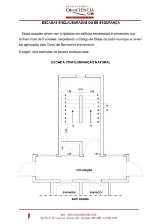ESCADAS ENCLAUSURADAS OU DE SEGURANÇA
Essas escadas devem ser projetadas em edifícios residenciais e comerciais que
tenham mais de 5 andares, respeitando o Código de Obras de cada município e devem
ser aprovadas pelo Corpo de Bombeiros previamente.
À seguir, dois exemplos de escada enclausurada:
ESCADA COM ILUMINAÇÃO NATURAL
0,15
1,20 1,20
8
7
6
5
4
3
2
1
9
10
11
12
13
14
15
16
pp
Blondel:
2h+p=0,64
1,20
1,20
1,20 1,20
circulação
elevador elevador
sem escala
S D
 