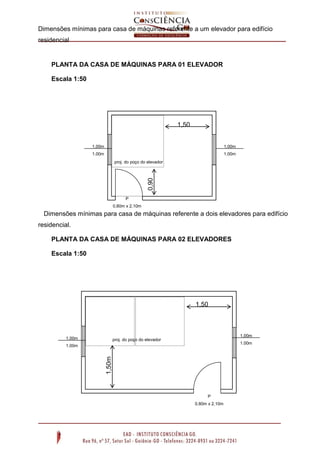 Dimensões mínimas para casa de máquinas referente a um elevador para edifício
residencial
PLANTA DA CASA DE MÁQUINAS PARA 01 ELEVADOR
Escala 1:50
Dimensões mínimas para casa de máquinas referente a dois elevadores para edifício
residencial.
PLANTA DA CASA DE MÁQUINAS PARA 02 ELEVADORES
Escala 1:50
1,50
m
P
0,80m x 2,10m
0,90
m
1,00m
1,00m
1,00m
1,00m
proj. do poço do elevador
1,50
m
P
0,80m x 2,10m
1,50m
1,00m
1,00m
1,00m
1,00m
proj. do poço do elevador
 