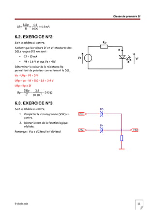 Classe de première SI
Id=
URp
R
=
4,4
1000
=4,4mA
6.2. EXERCICE N°2
Soit le schéma ci-contre.
Sachant que les valeurs If et Vf standards des
DELs rouges Ø 5 mm sont :
• If = 10 mA
• Vf = 1,6 V et que Ve = +5V
Déterminer la valeur de la résistance Rp
permettant de polariser correctement la DEL.
Ve - URp - Vf = 0 V
URp = Ve - Vf = 5,0 – 1,6 = 3,4 V
URp = Rp x If
Rp=
URp
If
=
3,4
10.10
−3
=340 Ω
6.3. EXERCICE N°3
Soit le schéma ci-contre.
1. Compléter le chronogramme (VS2) ci-
contre.
2. Donner le nom de la fonction logique
réalisée.
Remarque : Vcc ≥ VD3seuil et VD4seuil
9-diode.odt 11
 
