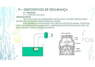 9 – DISPOSITIVOS DE SEGURANÇA
9.1 VÁLVULAS
9.1.1 TIPOS DE VÁLVULAS
VÁLVULAS DE PÉ
SÃO INSTALADAS NA EXTREMIDADE LIVRE DA LINHA, FICANDO MERGULHADAS
DENTRO DO LÍQUIDO NO RESERVATÓRIO DE SUCÇÃO.
ELAS IMPEDEM O ESVAZIAMENTO DO TUBO DE SUCÇÃO DA BOMBA, COLOCADA
ACIMA DO RESERVATÓRIO, ELIMINANDO A NECESSIDADE DO ESCORVAMENTO CADA VEZ
QUE A BOMBA É POSTA EM FUNCIONAMENTO.
 